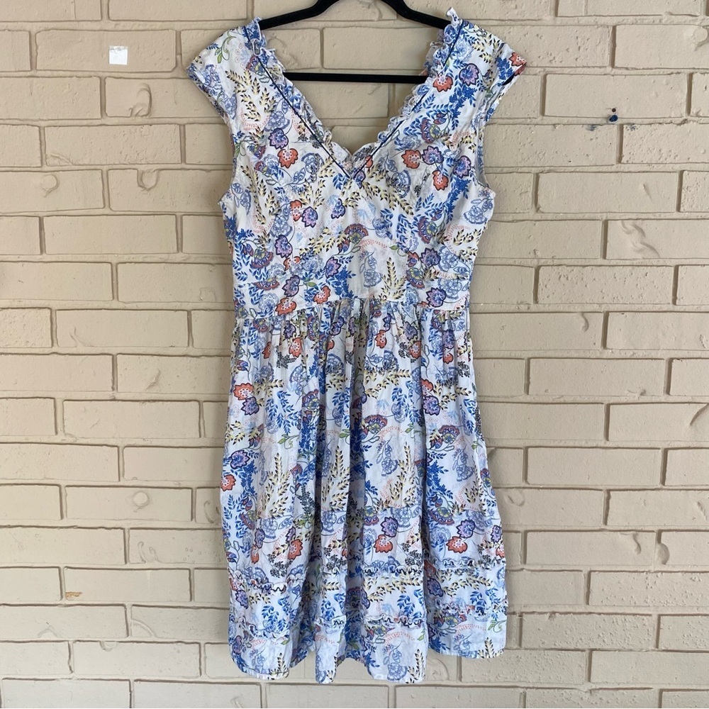 eShakti Floral Boho 100% Cotton Tiered Dress Mini Dress Milk Maid Hippie L US 12